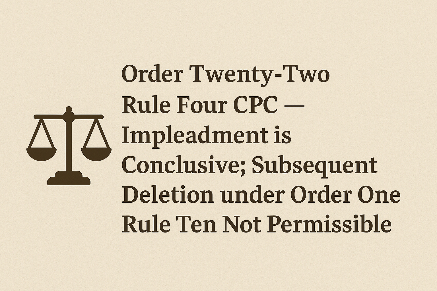 Order Twenty-Two Rule Four CPC — Impleadment is Conclusive; Subsequent Deletion under Order One Rule Ten Not Permissible Order Twenty-Two Rule Four CPC — Impleadment is Conclusive; Subsequent Deletion under Order One Rule Ten Not Permissible